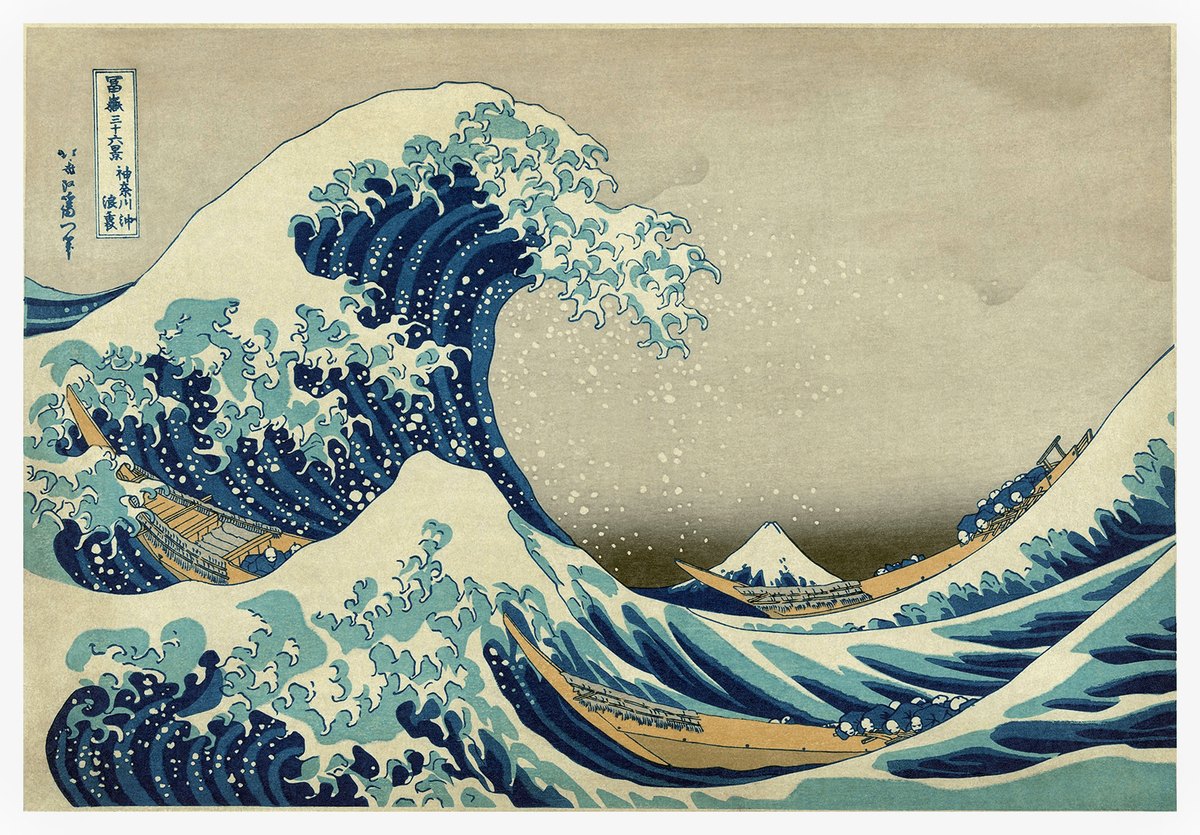 A Grande Onda de Kanagawa — Hokusai, xilogravura ukiyo-e